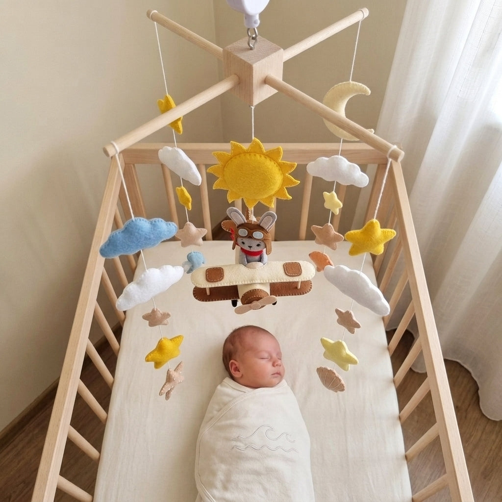 Vintage Aviator Bunny Felt Baby Mobile, Handmade Biplane Crib Hanging with Sun, Moon, Clouds and Stars