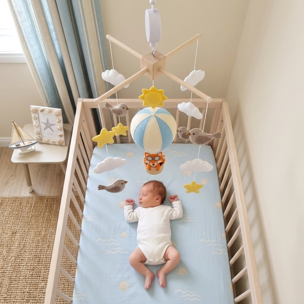 Fox Pilot Hot Air Balloon Felt Baby Mobile, Handmade Sky Adventure Crib Hanging with Birds, Sun and Clouds