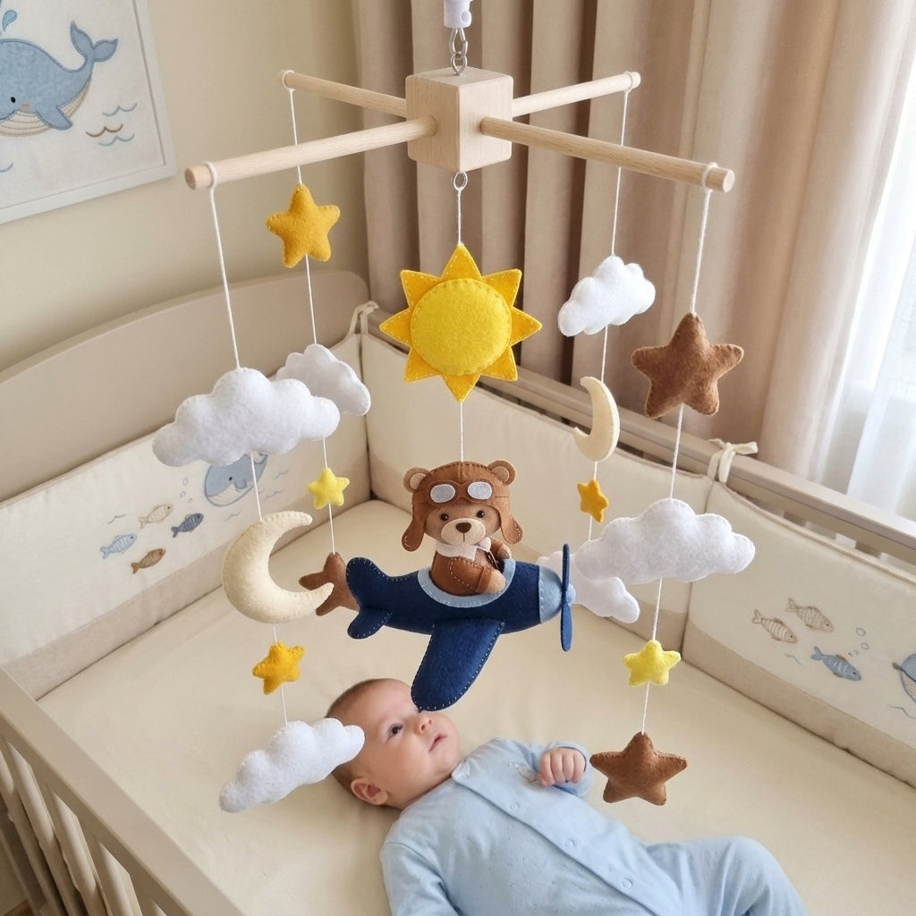 Aviator Bear Felt Baby Mobile, Handmade Airplane Crib Hanging with Sun, Moon, Clouds and Stars