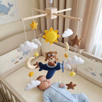 Aviator Bear Felt Baby Mobile, Handmade Airplane Crib Hanging with Sun, Moon, Clouds and Stars
