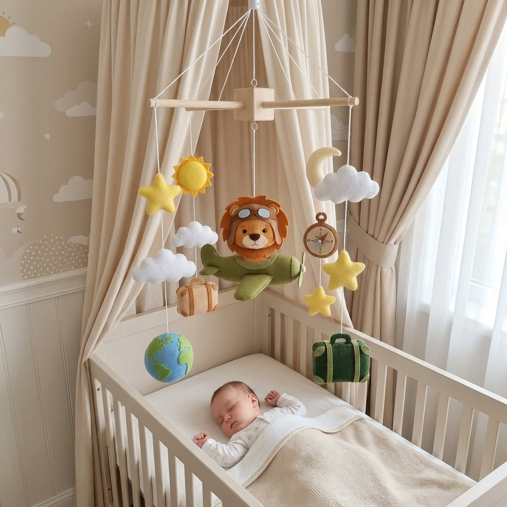 Little Explorer Lion Felt Baby Mobile, Handmade Travel Crib Hanging with Airplane, Globe, Compass and Suitcases