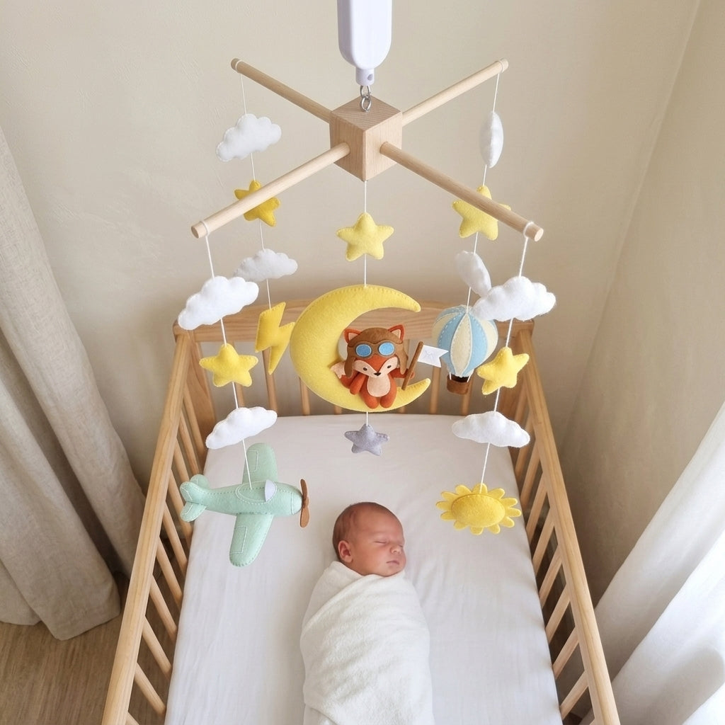 Aviator Fox Felt Baby Mobile, Moon and Stars Crib Mobile with Airplane & Hot Air Balloon, Adventure Nursery Decor