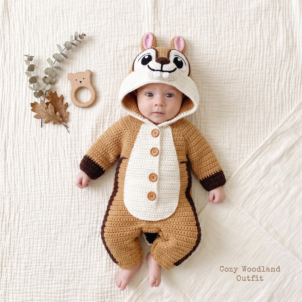 Handmade Chipmunk Baby Romper, Crochet Woodland Animal Onesie, Brown Hooded Newborn Outfit, Baby Shower Gift, Photo Prop