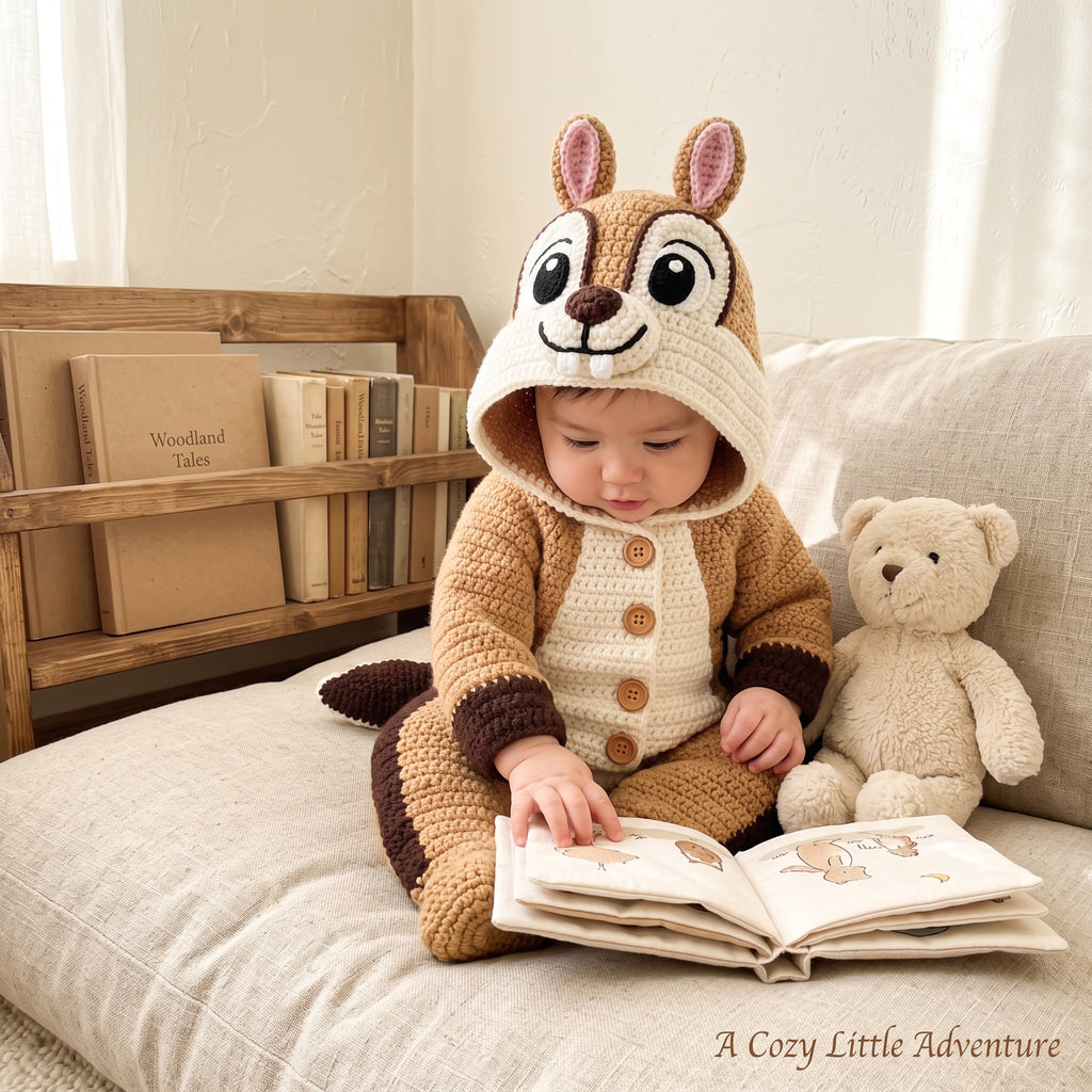 Handmade Chipmunk Baby Romper, Crochet Woodland Animal Onesie, Brown Hooded Newborn Outfit, Baby Shower Gift, Photo Prop