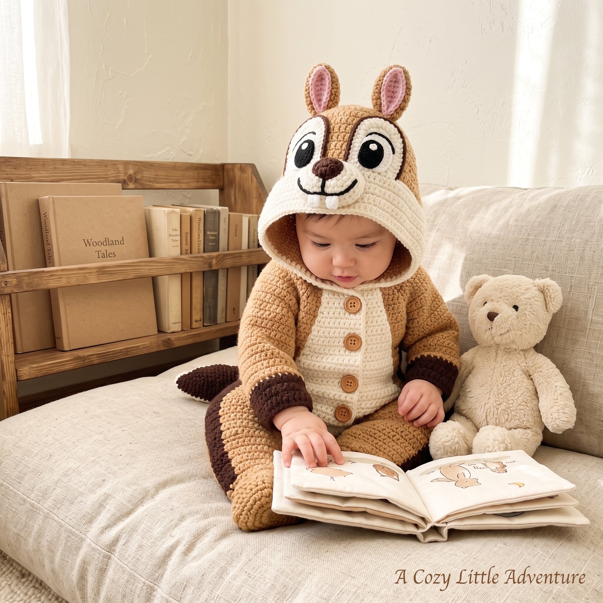 Handmade Chipmunk Baby Romper, Crochet Woodland Animal Onesie, Brown Hooded Newborn Outfit, Baby Shower Gift, Photo Prop
