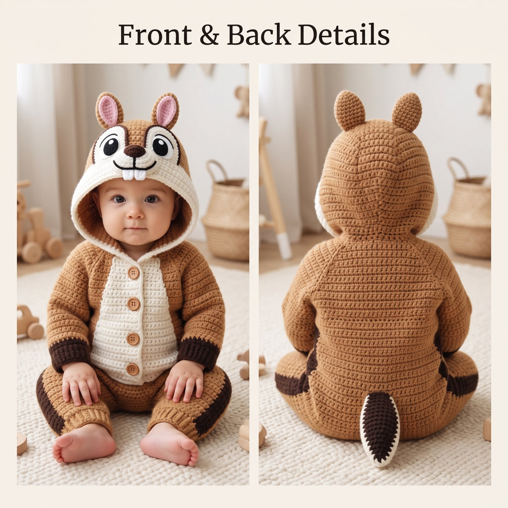Handmade Chipmunk Baby Romper, Crochet Woodland Animal Onesie, Brown Hooded Newborn Outfit, Baby Shower Gift, Photo Prop
