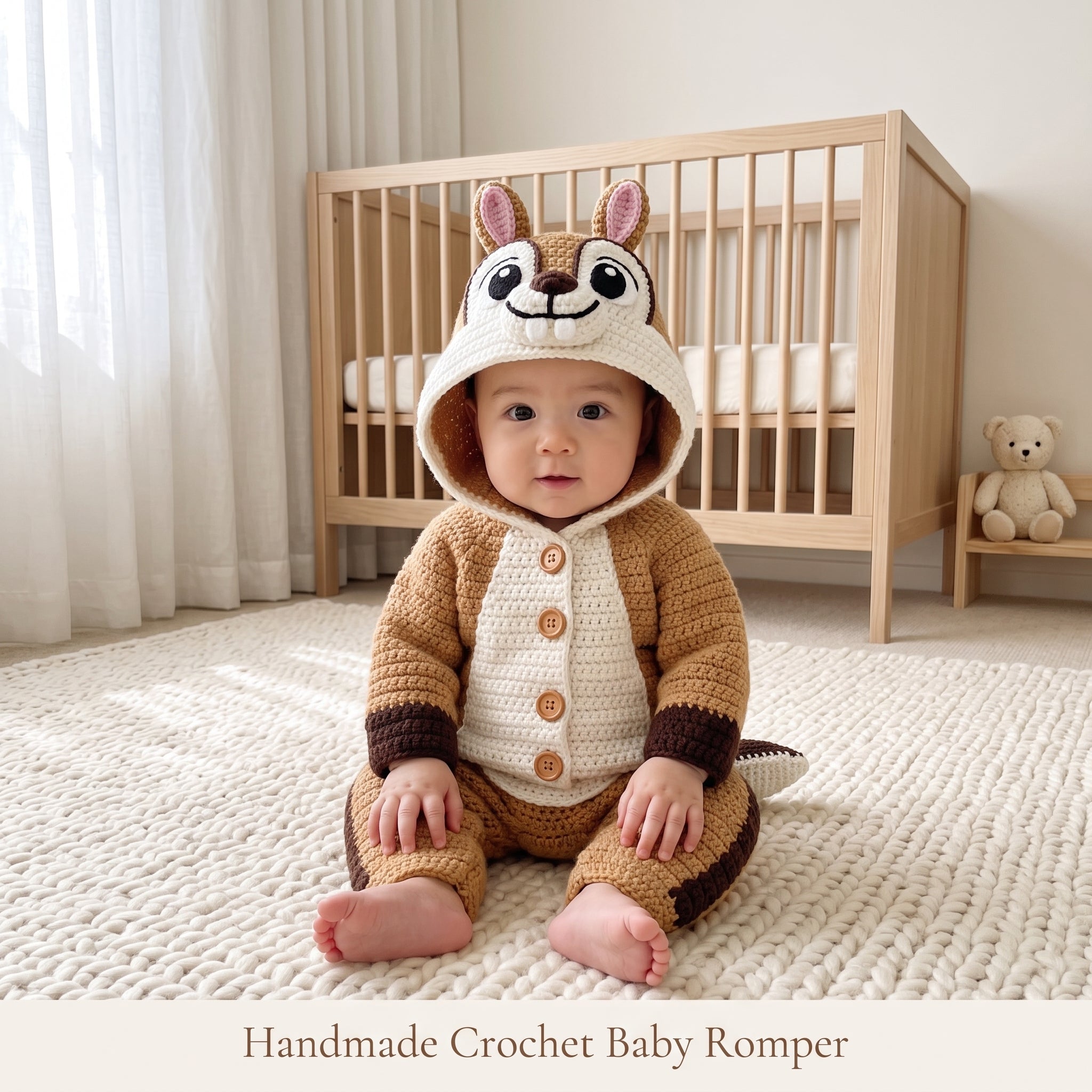 Handmade Chipmunk Baby Romper, Crochet Woodland Animal Onesie, Brown Hooded Newborn Outfit, Baby Shower Gift, Photo Prop