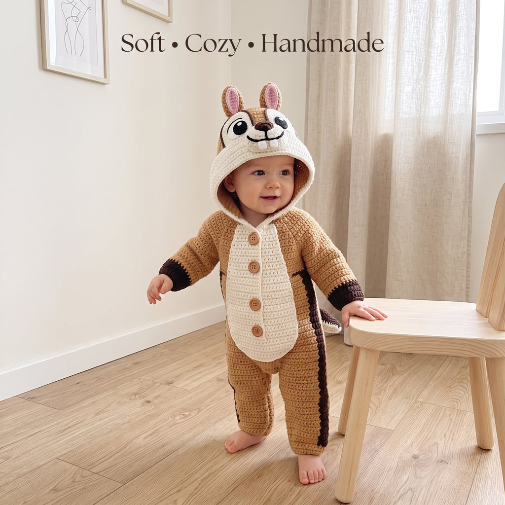 Handmade Chipmunk Baby Romper, Crochet Woodland Animal Onesie, Brown Hooded Newborn Outfit, Baby Shower Gift, Photo Prop