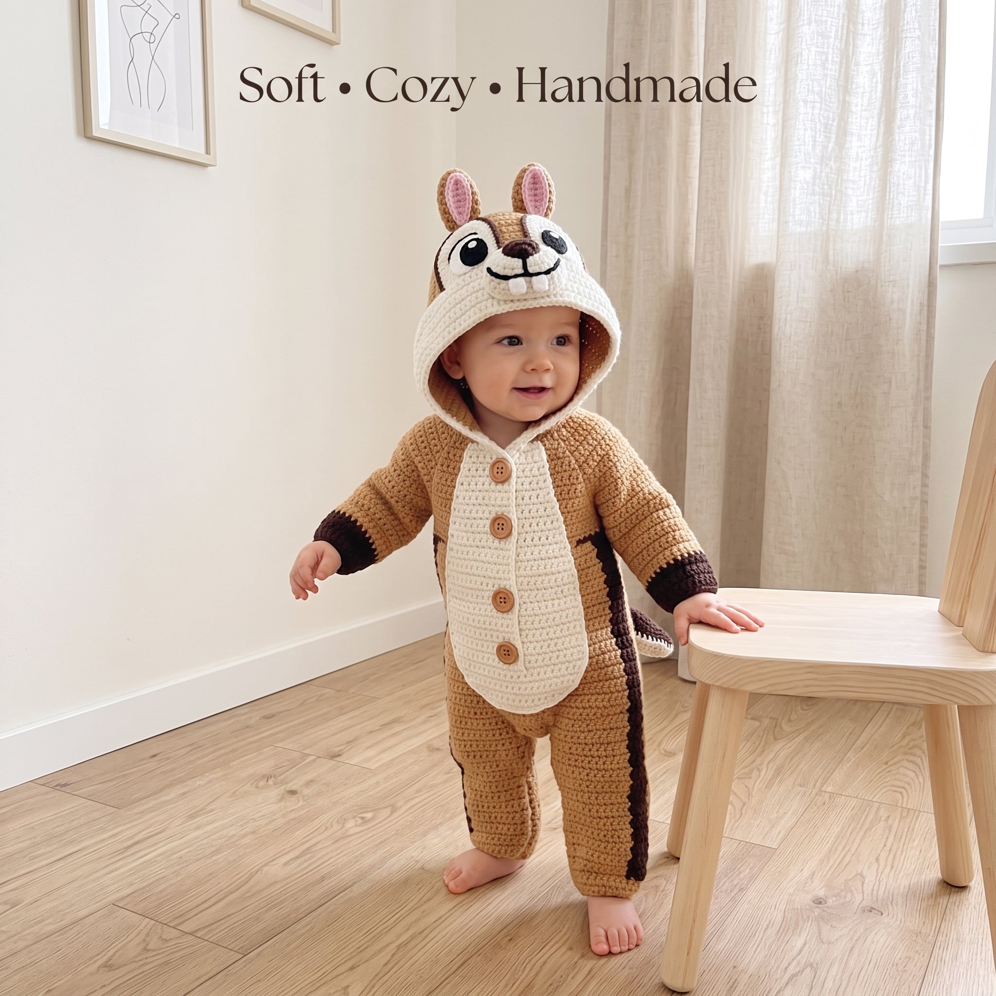 Handmade Chipmunk Baby Romper, Crochet Woodland Animal Onesie, Brown Hooded Newborn Outfit, Baby Shower Gift, Photo Prop