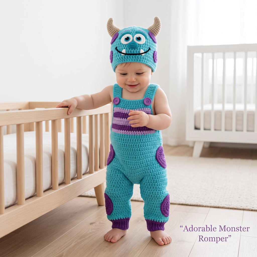 Monster Baby Outfit, Crochet Monster Romper and Hat Set, Handmade Baby Costume, Baby Shower Gift, Newborn Photo Prop Outfit