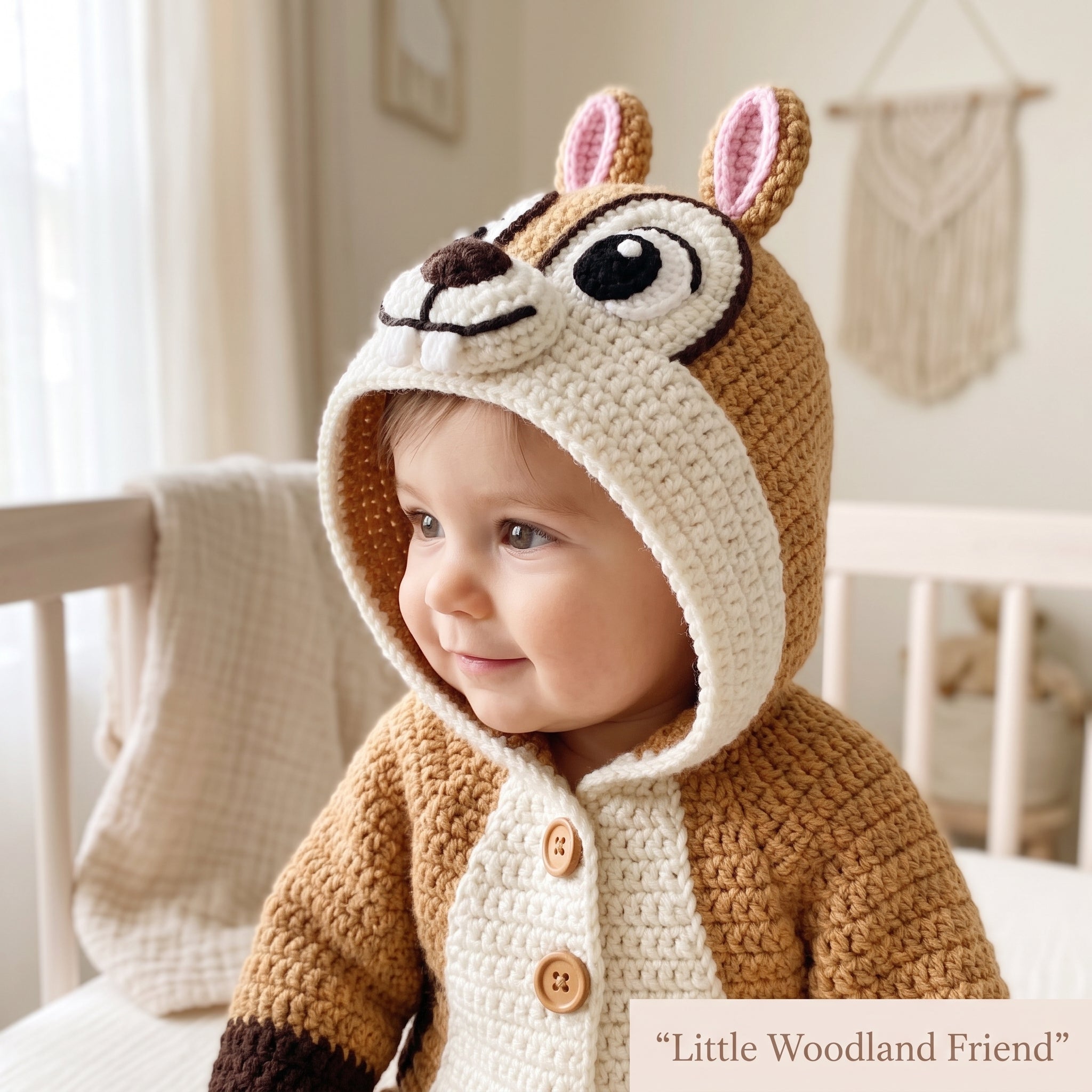 Handmade Chipmunk Baby Romper, Crochet Woodland Animal Onesie, Brown Hooded Newborn Outfit, Baby Shower Gift, Photo Prop