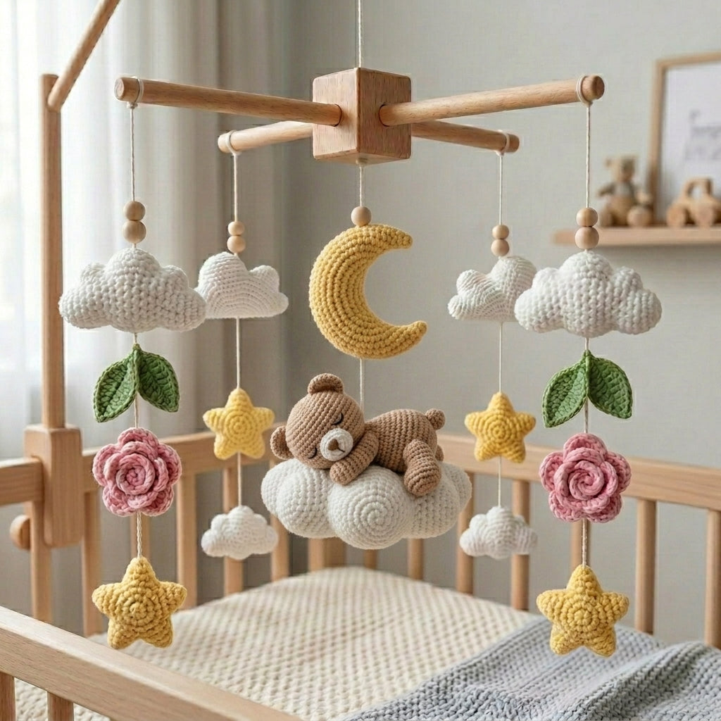 Crochet Teddy Bear Baby Mobile, Sleeping Bear on Cloud Crib Mobile