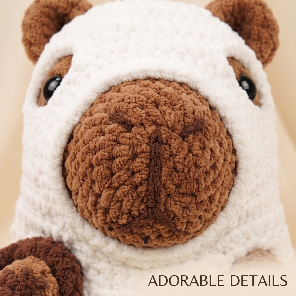 Close-up of a crocheted plush toy face with a white body, brown ears and snout, black bead eyes, and the text 'ADORABLE DETAILS' at the bottom right.