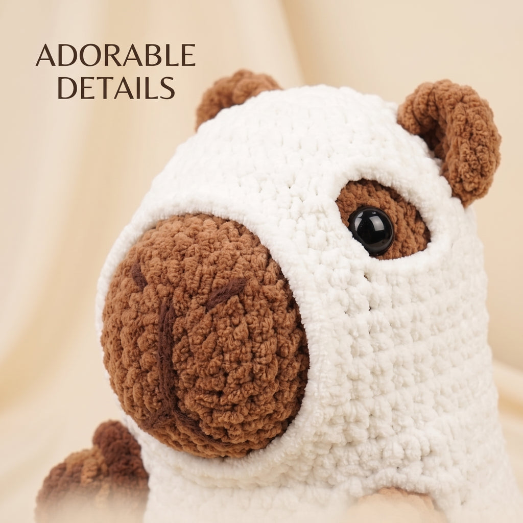 A close-up of a crocheted plush toy with a white body, brown ears and snout, and a glossy black eye, shown against a soft beige background with the text 'ADORABLE DETAILS' in the upper left.