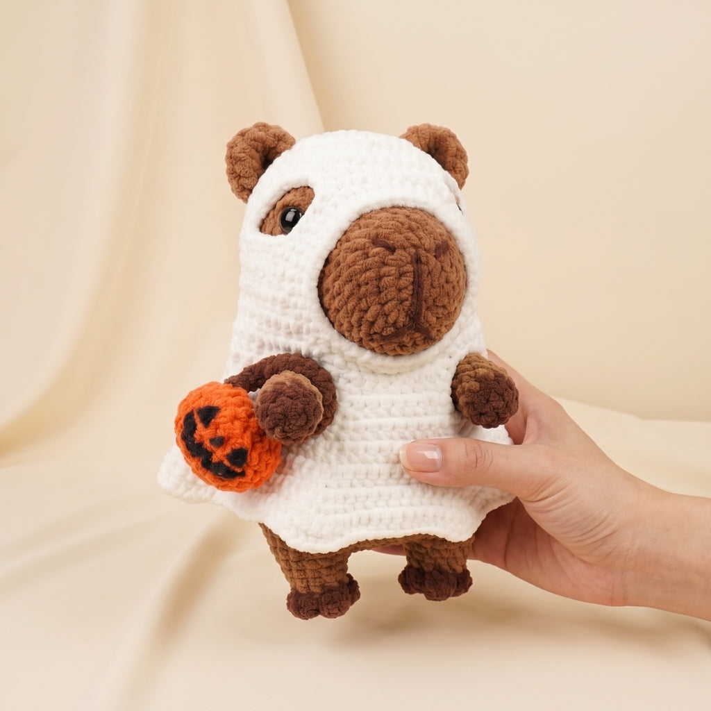 A crocheted plush toy dressed as a ghost in white with brown ears, nose, and legs, holding a small orange jack-o'-lantern, held by a hand against a beige draped background.