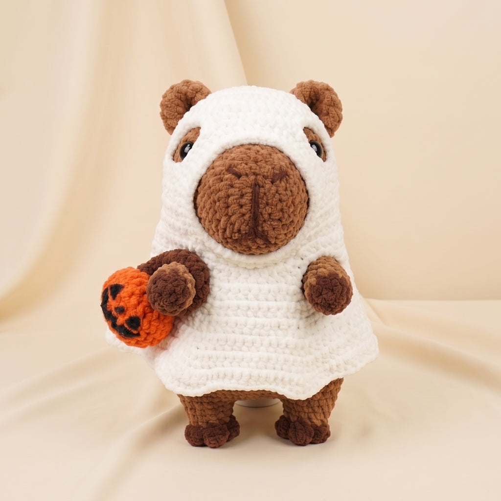 A crocheted capybara plush toy dressed in a white ghost costume, holding a small orange jack-o'-lantern, photographed against a draped beige fabric backdrop.