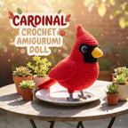 A red crochet amigurumi cardinal doll stands on a white plate on a round wooden table, surrounded by small potted succulents. The background is a warm, sunlit outdoor scene with bokeh and the text 'CARDINAL CROCHET AMIGURUMI DOLL' in the upper left.