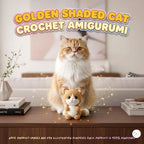 A fluffy orange-and-white cat sits on a wooden table holding a small crocheted cat-shaped amigurumi toy, with large overlaid text reading 'GOLDEN SHADED CAT CROCHET AMIGURUMI' and a softly blurred indoor background.