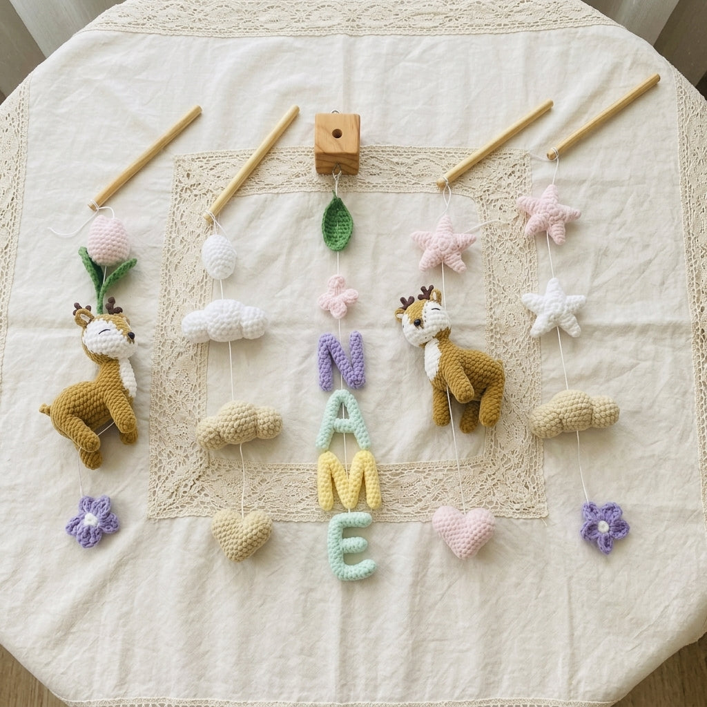 Personalized Deer Crochet Baby Mobile, Custom Name Nursery Hanging with Flowers, Hearts and Stars