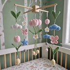Spring Garden Crochet Crib Mobile, Handmade Floral Nursery Hanging with Tulips, Butterflies and Clouds