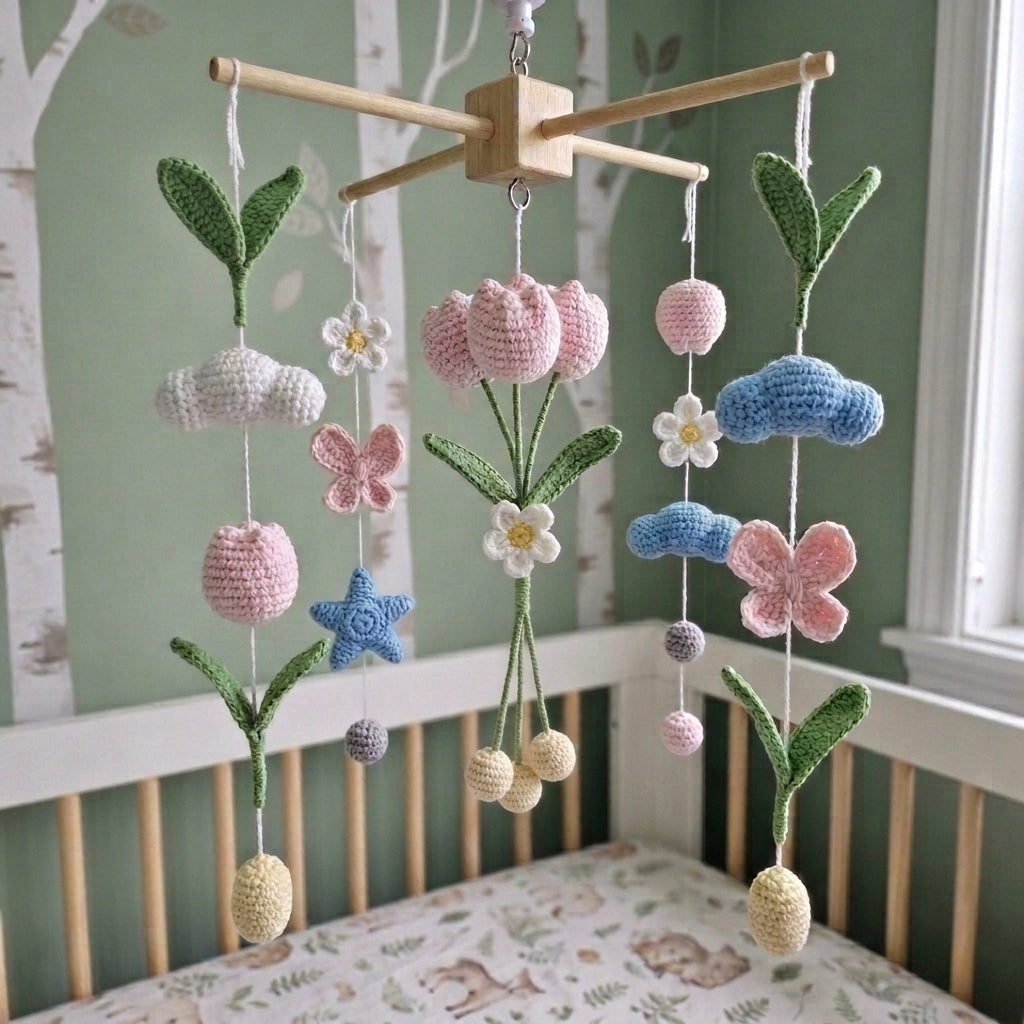 Spring Garden Crochet Crib Mobile, Handmade Floral Nursery Hanging with Tulips, Butterflies and Clouds