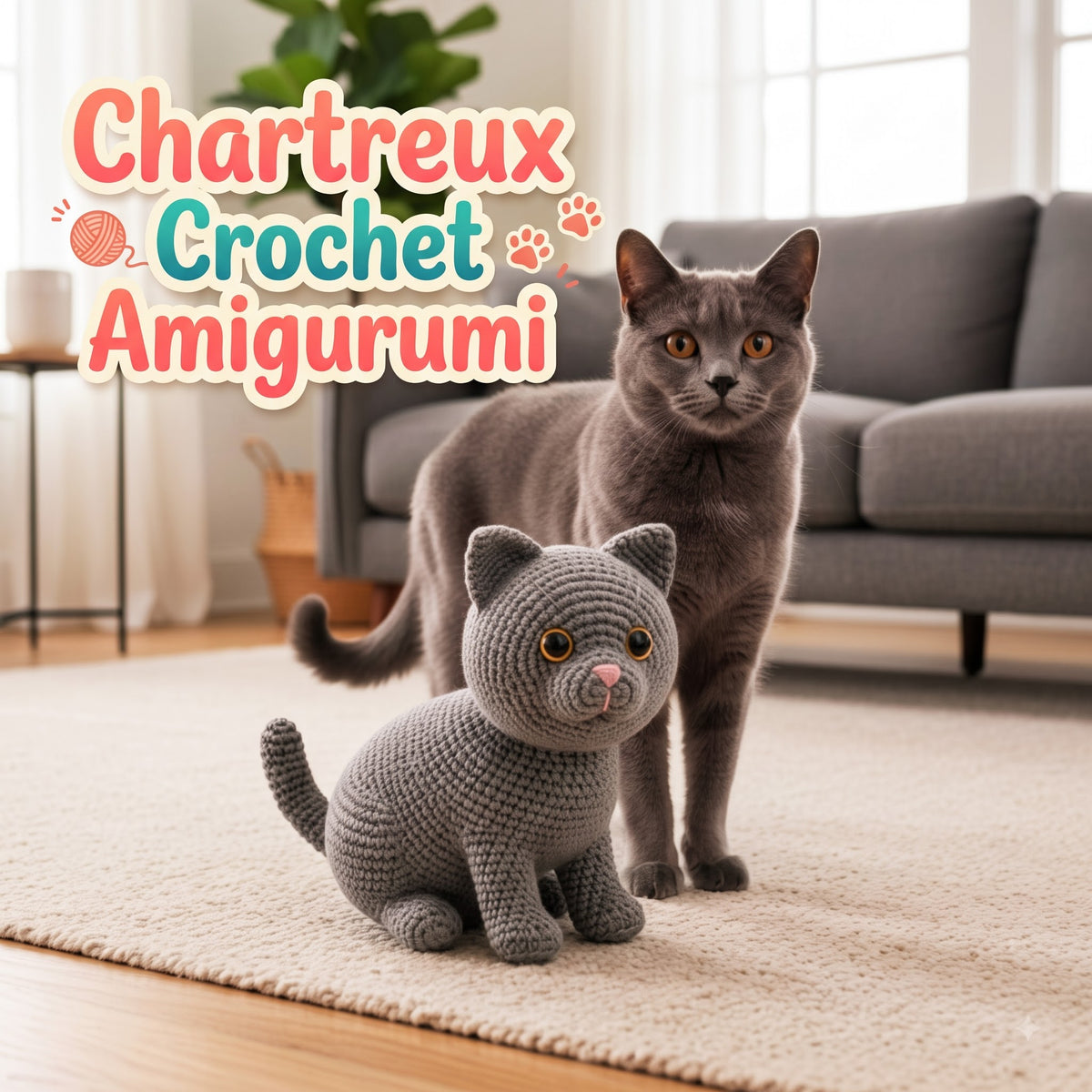 A gray crocheted cat toy sits on a beige rug in a living room, with a real gray cat standing behind it. Large decorative text at the top reads “Chartreux Crochet Amigurumi.