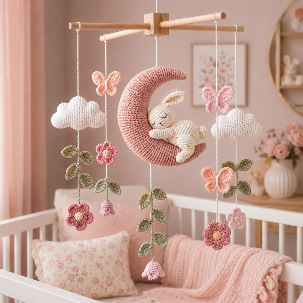 Handmade Crochet Bunny Moon Baby Mobile – Floral Nursery Decor