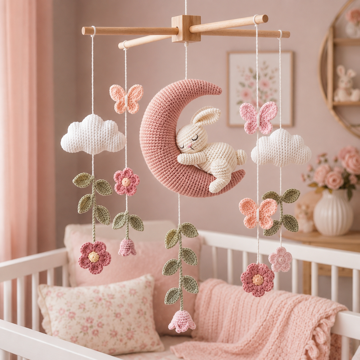Handmade Crochet Bunny Moon Baby Mobile – Floral Nursery Decor