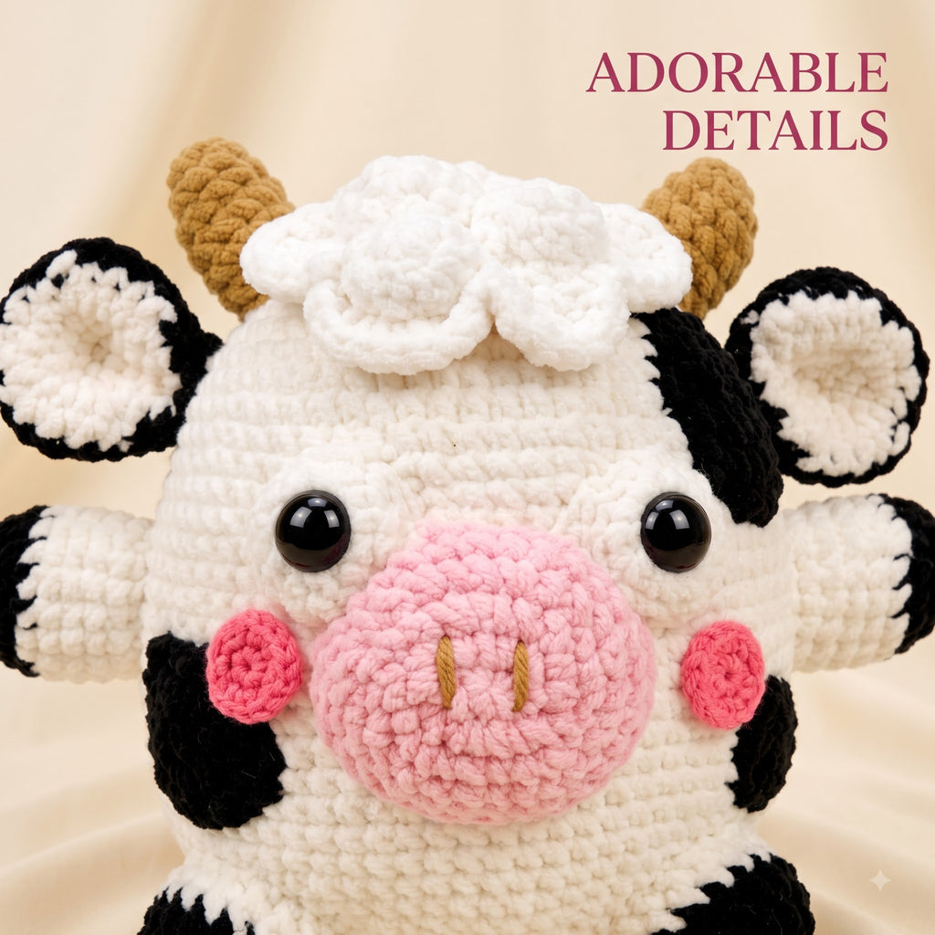 A close-up of a crocheted cow plush toy with black and white patches, a pink nose and cheeks, brown horns, and black bead eyes. The text 'ADORABLE DETAILS' appears in the top right corner against a soft beige fabric background.