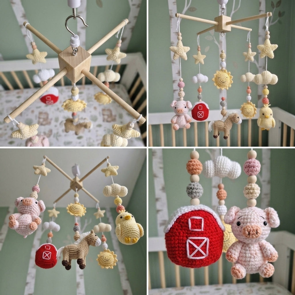 Sunny Farmyard Crochet Baby Mobile, Handmade Barnyard Crib Hanging with Horse, Pig and Chick, Nursery Gift