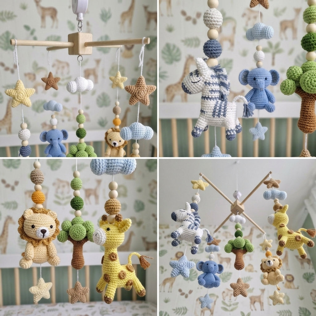Savanna Friends Crochet Nursery Mobile, Handmade Amigurumi Crib Hanging with Tree, Clouds and Stars, Newborn Gift