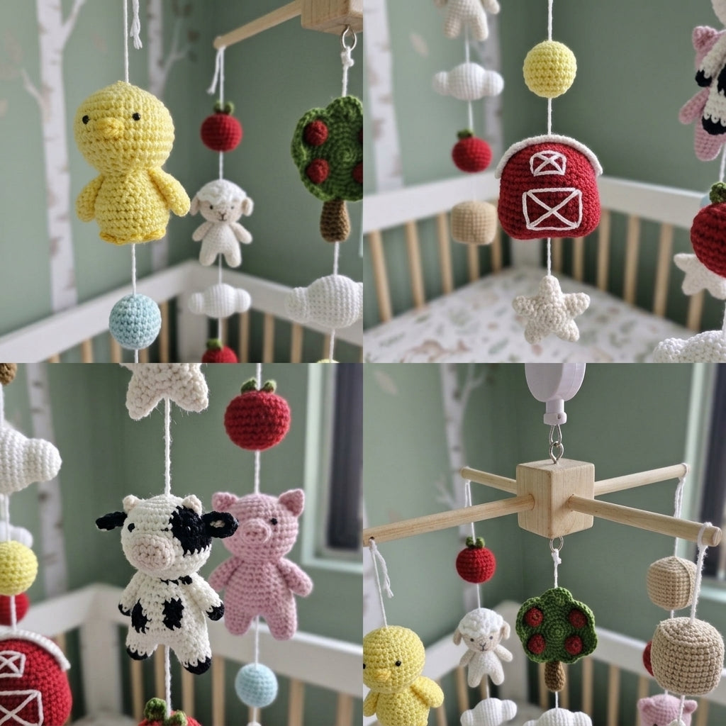 Crochet Farm Baby Mobile, Cow Pig Sheep Chick Nursery Decor, Red Barn Apple Tree Crib Mobile, Baby Shower Gift, Newborn Room Decor