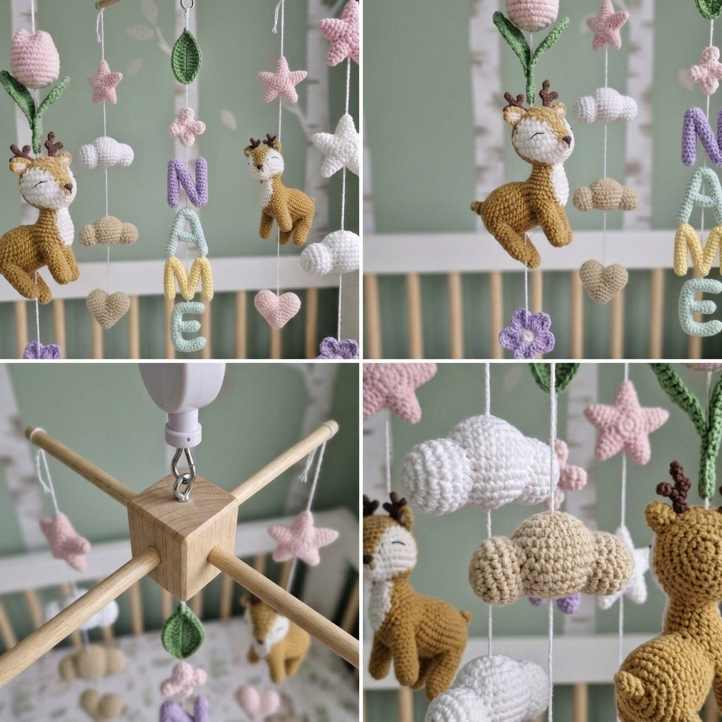 Personalized Deer Crochet Baby Mobile, Custom Name Nursery Hanging with Flowers, Hearts and Stars