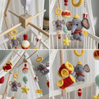 Musical Elephant Parade Crochet Baby Mobile, Handmade Crib Hanging with Drums, Horns and Stars, Playful Nursery Decor