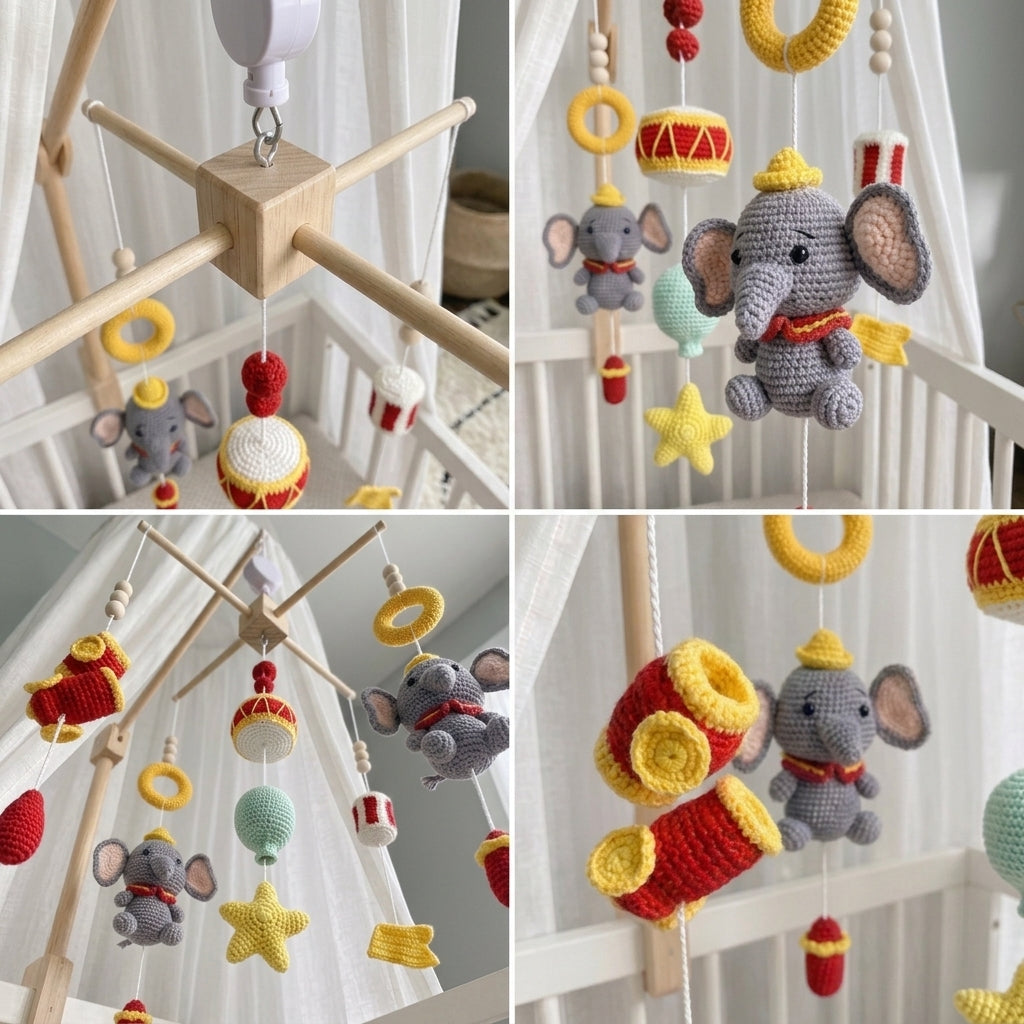 Musical Elephant Parade Crochet Baby Mobile, Handmade Crib Hanging with Drums, Horns and Stars, Playful Nursery Decor