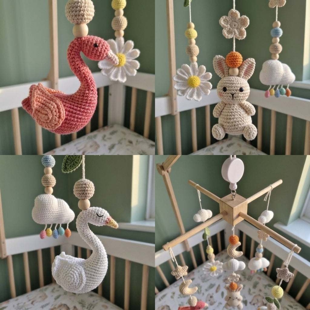 Garden Lake Crochet Baby Mobile, Handmade Swan and Flamingo Crib Hanging with Bunny, Butterflies and Flowers