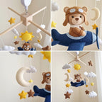 Aviator Bear Felt Baby Mobile, Handmade Airplane Crib Hanging with Sun, Moon, Clouds and Stars