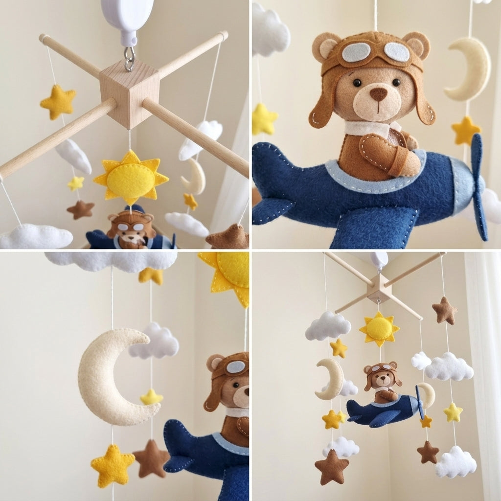 Aviator Bear Felt Baby Mobile, Handmade Airplane Crib Hanging with Sun, Moon, Clouds and Stars