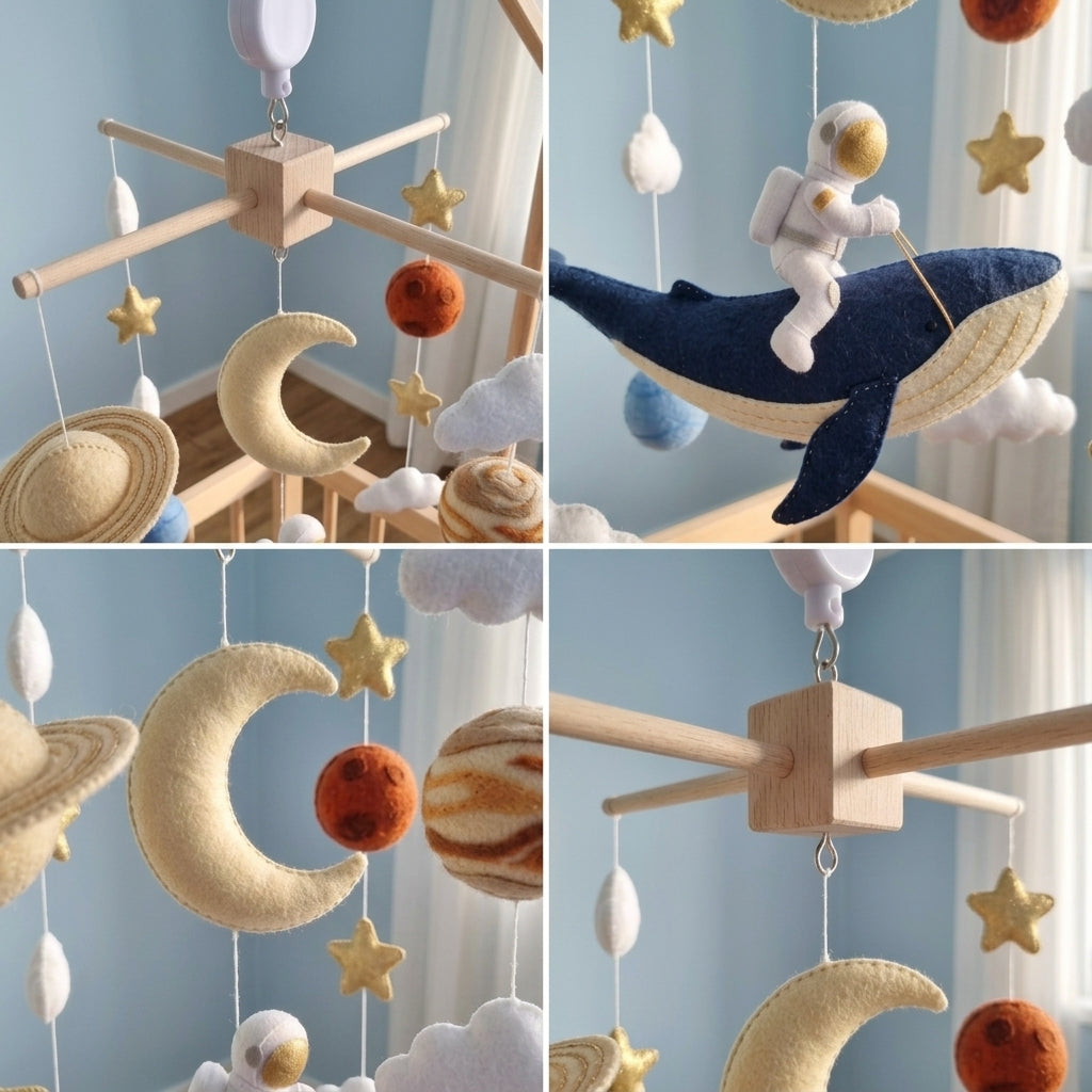 Cosmic Whale Adventure Felt Baby Mobile, Handmade Astronaut Crib Hanging with Planets, Moon and Stars
