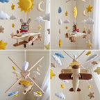 Vintage Aviator Bunny Felt Baby Mobile, Handmade Biplane Crib Hanging with Sun, Moon, Clouds and Stars