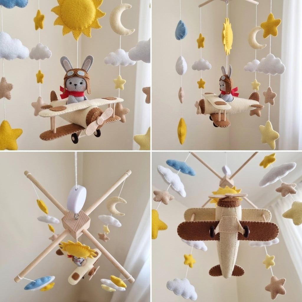 Vintage Aviator Bunny Felt Baby Mobile, Handmade Biplane Crib Hanging with Sun, Moon, Clouds and Stars