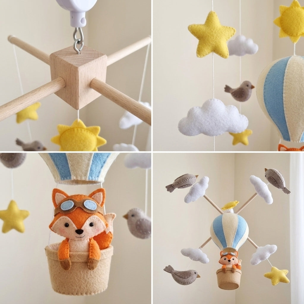 Fox Pilot Hot Air Balloon Felt Baby Mobile, Handmade Sky Adventure Crib Hanging with Birds, Sun and Clouds