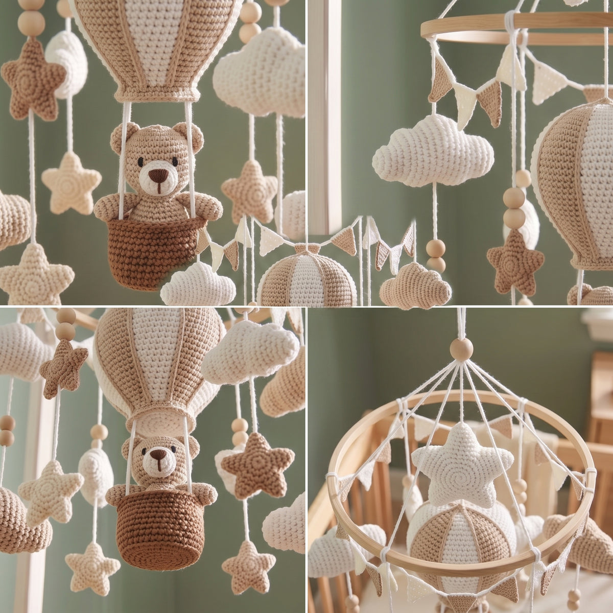 A multi-panel collage showing a handmade crochet baby mobile with hot air balloons, teddy bears, clouds, stars, and bunting in neutral beige and brown tones, hanging in a nursery setting.