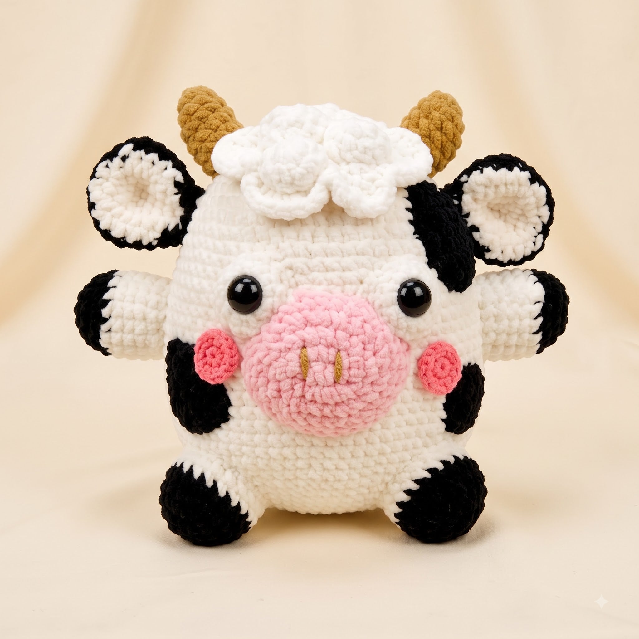 A crocheted plush cow toy with a white body, black spots, a pink snout and cheeks, small tan horns, and a white flower on its head, photographed against a soft cream background.