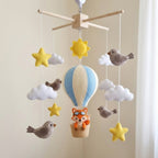 Fox Pilot Hot Air Balloon Felt Baby Mobile, Handmade Sky Adventure Crib Hanging with Birds, Sun and Clouds