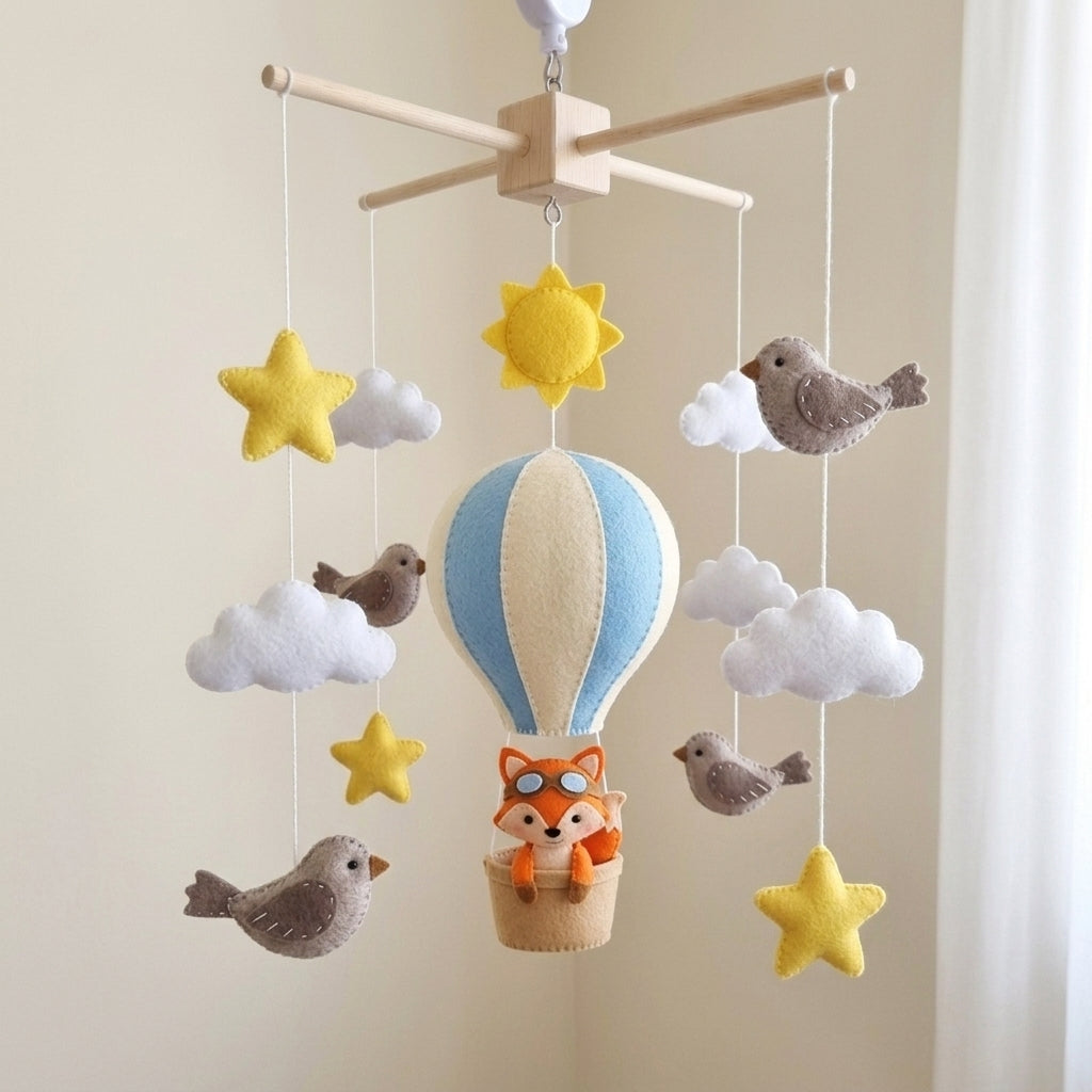 Fox Pilot Hot Air Balloon Felt Baby Mobile, Handmade Sky Adventure Crib Hanging with Birds, Sun and Clouds