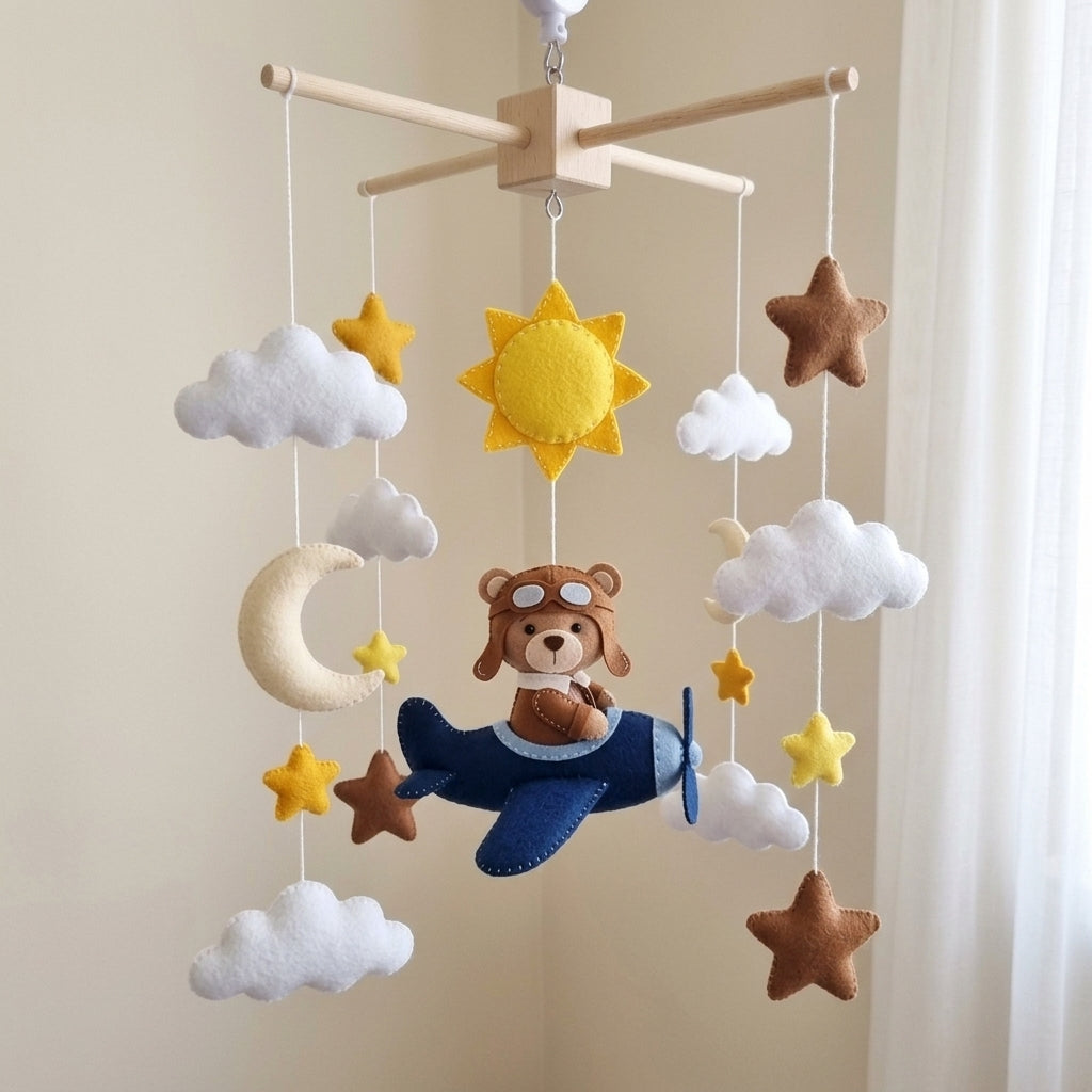 Aviator Bear Felt Baby Mobile, Handmade Airplane Crib Hanging with Sun, Moon, Clouds and Stars
