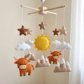 Highland Cow Felt Baby Mobile, Handmade Mountain Crib Hanging with Sun, Clouds and Stars, Rustic Nursery Decor