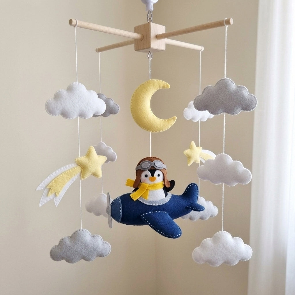 Penguin Pilot Felt Baby Mobile, Handmade Airplane Crib Hanging with Moon, Shooting Stars and Clouds