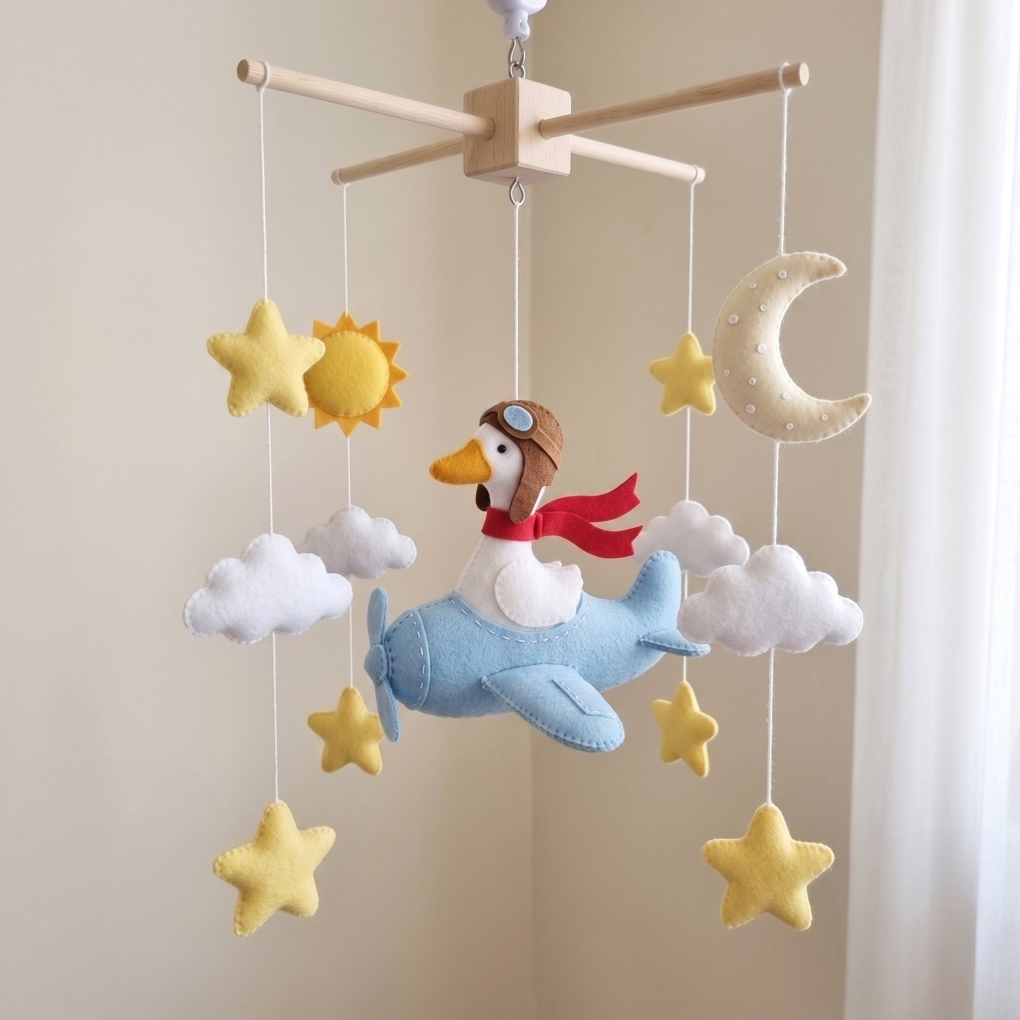 Silly Goose Aviator Felt Baby Mobile, Handmade Airplane Crib Hanging with Moon, Sun, Clouds and Stars